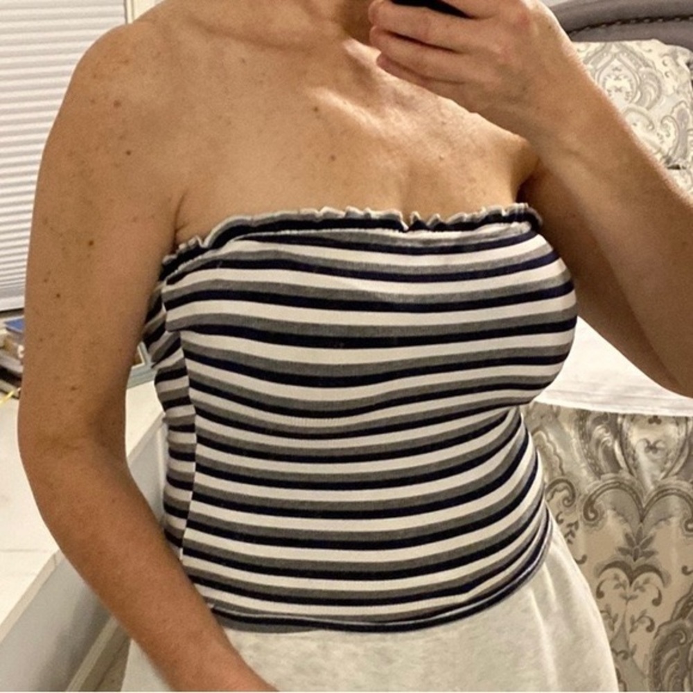 Striped Ribbed Tube Top with Soft Ruffle along Top